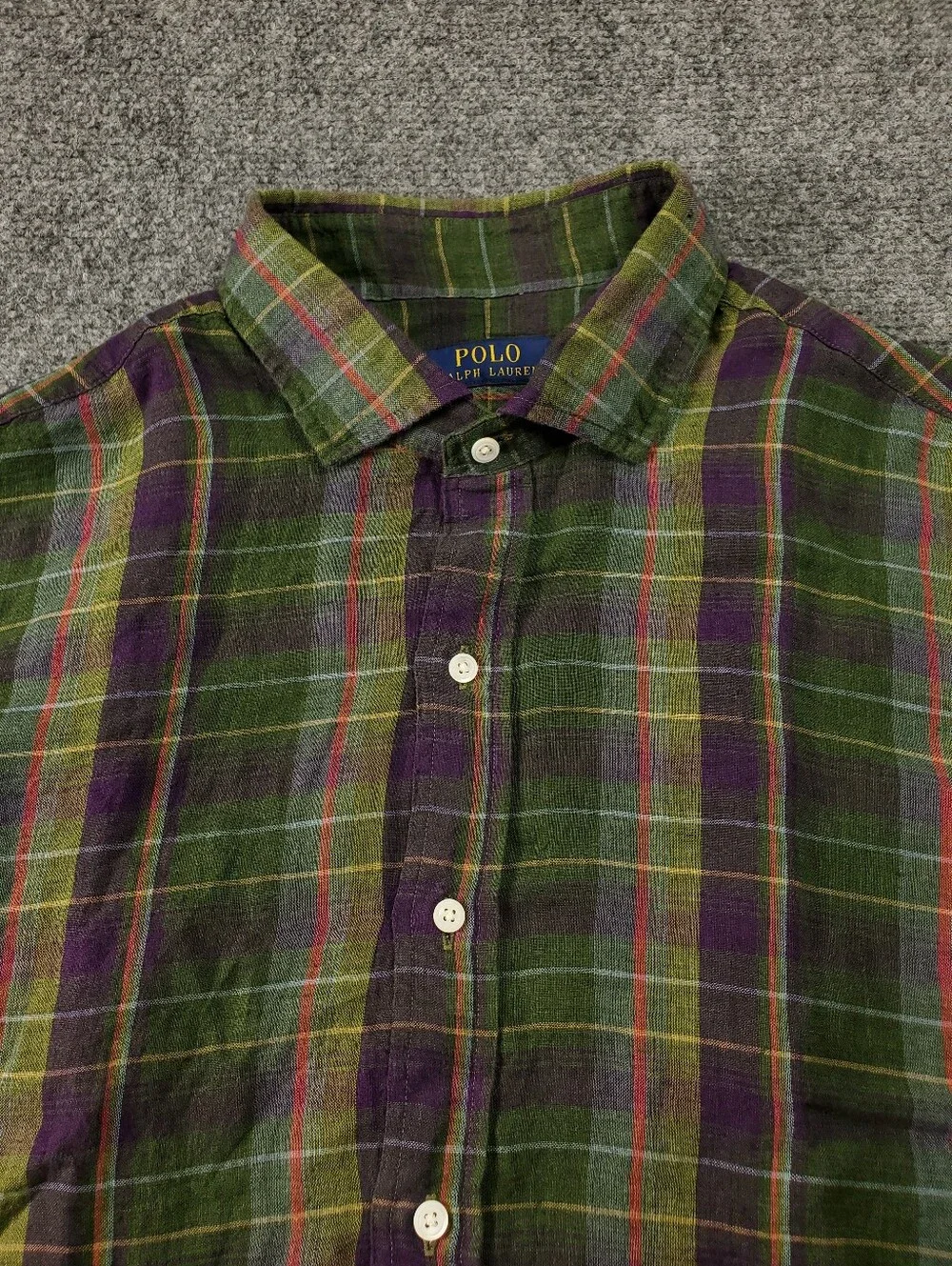 Polo Ralph Lauren Indian Madras Plaid 100% Linen XL Green Purple Long Sleeve NEW